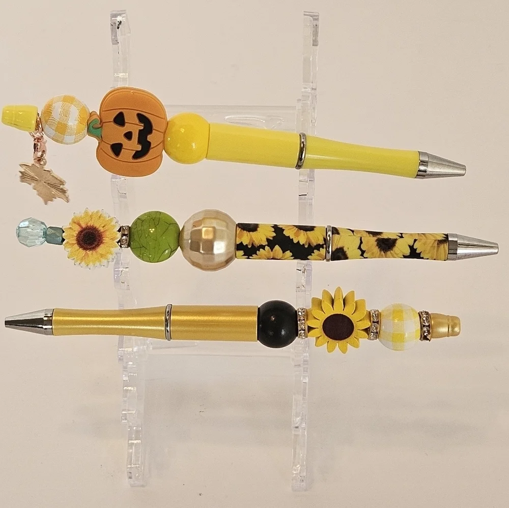 Hand Crafted Halloween Pens Fall & Floral Beaded Set of 3 Ballpoint Black Ink 6